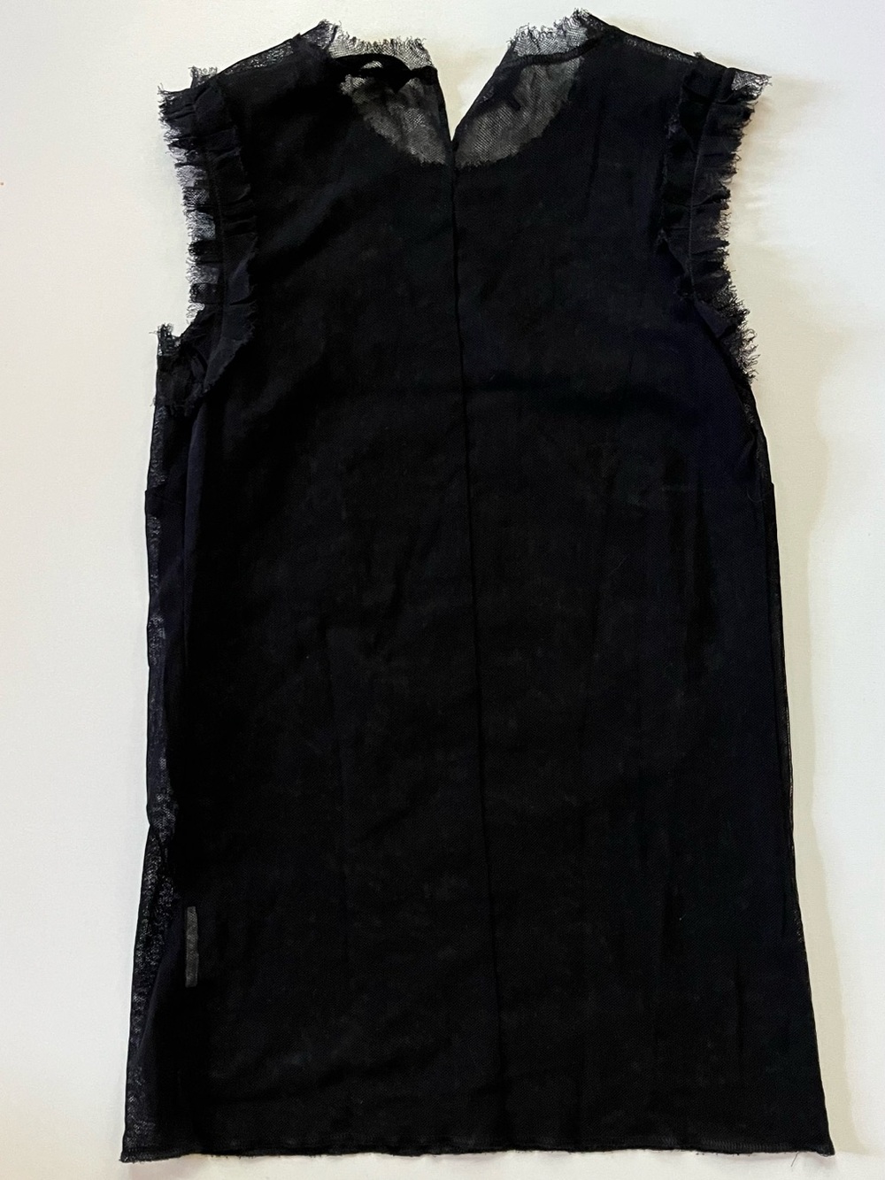 1990s Dolce & Gabbana sheer black sleeveless mesh top with ruffle.